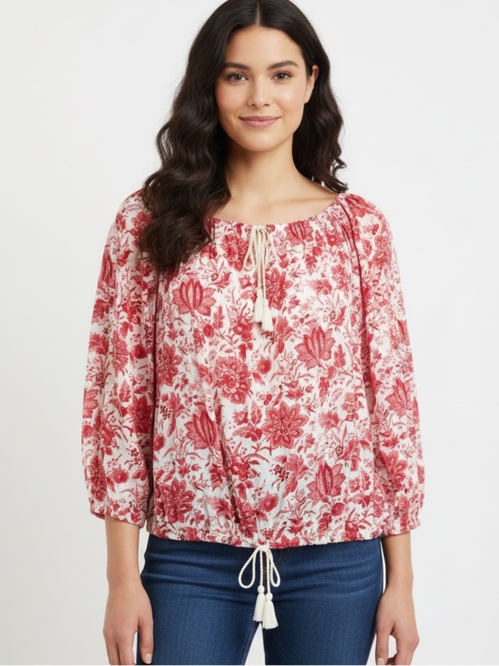 Denim & Supply Ralph Lauren XL Red Cream Boho Peasant Top Tassel Tie